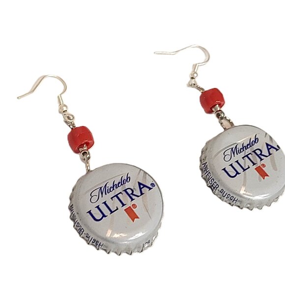 Silver Tone Michelob Ultra Silver Bottle Top Boho Drop Dangle Hook Earrings - Picture 2 of 5